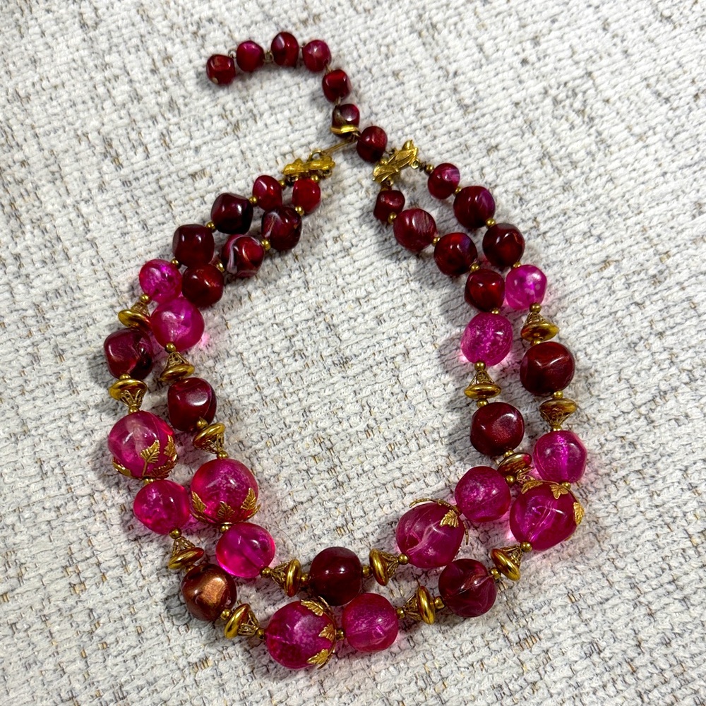 Vintage Pink, Bronze and Red Beaded Necklace